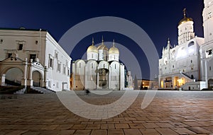 Assumption Cathedral was the site of coronation of Russian tsars at night. Cathedral Square, Inside of Moscow Kremlin, Russia.