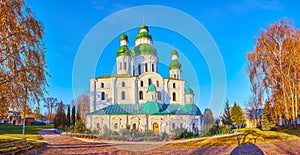 Assumption Cathedral of Yeletsky Assumption Monastery and autumn birches, Chernihiv, Ukraine