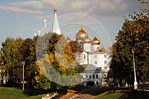 Assumption church in historical city center of Yaroslavl, Russia. Facade detail