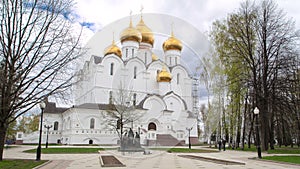 Assumption Church timelapse or Dormition cathedral in summer, Yaroslavl city on the Volga river, Russia.