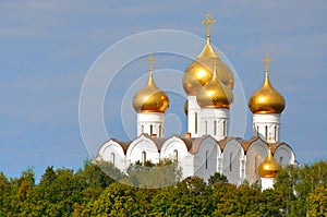 Assumption orthodox Cathedral with golden domes in Yaroslavl, Russia