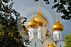 Assumption orthodox Cathedral with golden domes in Yaroslavl, Russia