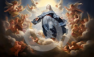 Assumption of Virgin Mary in heaven. Generative Ai photo