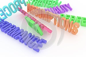 Assumptions, business conceptual colorful 3D rendered words. Typography, graphic, creativity & illustration. photo