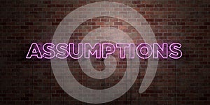ASSUMPTIONS - fluorescent Neon tube Sign on brickwork - Front view - 3D rendered royalty free stock picture photo