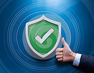 Assurance and confidence, featuring elements like a checkmark, shield, and thumbs up, symbolizing trust, security, and positive