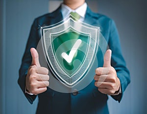 Assurance and confidence, featuring elements like a checkmark, shield, and thumbs up, symbolizing trust, security, and positive