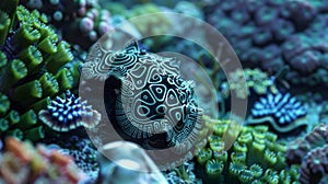 Ast a bustling reef a group of small bizarre creatures with striking geometric patterns on their bodies scurry across