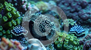 Ast a bustling reef a group of small bizarre creatures with striking geometric patterns on their bodies scurry across photo