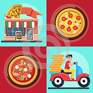 Ast delivery man and pizza Vector colorful illustration in flat style Pizza shop pizzeria fast food menu illustration