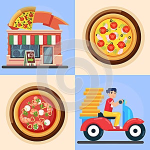 Ast delivery man and pizza Vector colorful illustration in flat style Pizza shop pizzeria fast food menu illustration