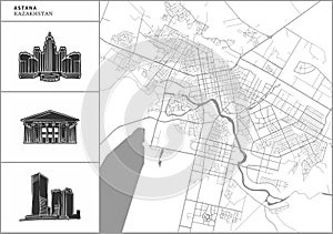 Astana city map with hand-drawn architecture icons