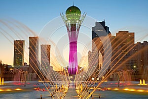 Astana cityscape. Colorful fountains