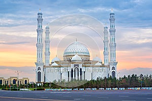Astana, Kasakhstan, beautiful white Hazrat Sultan mosque on sunset photo
