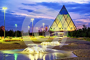 Astana, Kazakhstan, the Pyramid of Peace and Accord on sunset