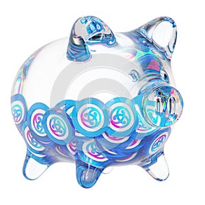 Astar (ASTR) Clear Glass piggy bank with decreasing piles of crypto coins.