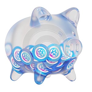 Astar (ASTR) Clear Glass piggy bank with decreasing piles of crypto coins.