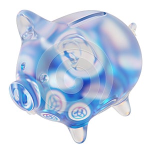 Astar (ASTR) Clear Glass piggy bank with decreasing piles of crypto coins.