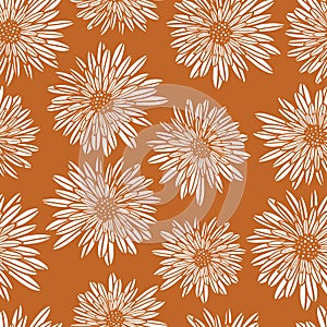 Aster Dahlia Flowers white on gold brown seamless vector pattern. Floral subtle background. Hand drawn contemporary