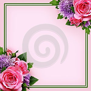 Aster and rose flowers arrangement and a frame