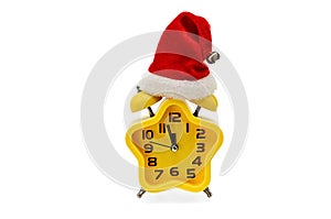 An asterisk Christmas clock shows the remaining time until midnight with a Santa Claus hat,on an white background.Yellow.12,Twelve