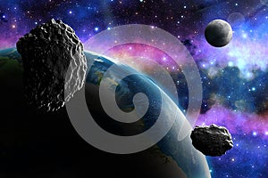 The asteroid is approaching the earth, the planets. The flight of an asteroid in space