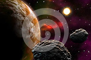 The asteroid is approaching the earth, the planets. The flight of an asteroid in space