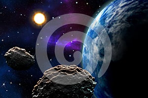 The asteroid is approaching the earth, the planets. The flight of an asteroid in space