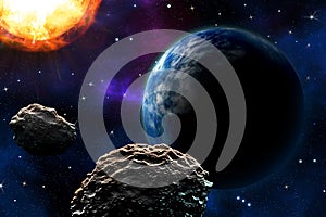The asteroid is approaching the earth, the planets. The flight of an asteroid in space