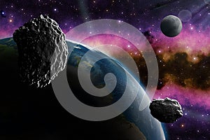 The asteroid is approaching the earth, the planets. The flight of an asteroid in space