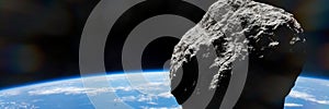 Asteroid approaching planet Earth, meteorite in orbit before impact, background banner