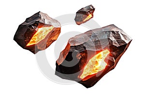 Asteroid belt with glowing orange triangular edges, low poly on a white background