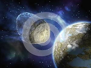 Asteroid on a collision path with a planet