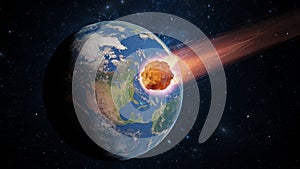 Asteroid, fall of comet to earth, Armageddon disaster, danger meteorite. Huge fiery comet is flying in space towards Earth. 3d