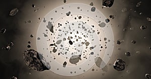 Asteroid field 3D rendering illustration. Outer space, astronomy, spacescape, science concept