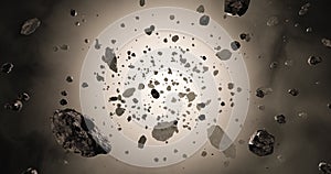 Asteroid field 3D rendering illustration. Outer space, astronomy, spacescape, science concept photo