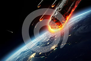 An asteroid hitting the Earth. Dangerous asteroids travelling in space.