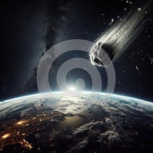 Asteroid hitting earth. View from space