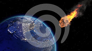 Asteroid Impact on Earth. Asteroid, comet, meteorite glows, enters the earth`s atmosphere. Attack of the meteorite