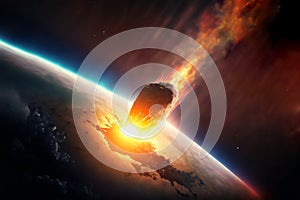 Asteroid impact, end of world, judgment day. Group of burning exploding asteroids from deep space approaches to planet Earth.