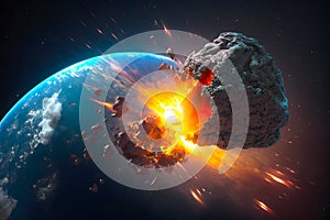 Asteroid impact, end of world, judgment day. Group of burning exploding asteroids from deep space approaches to planet Earth.