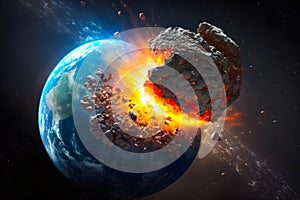 Asteroid impact, end of world, judgment day. Group of burning exploding asteroids from deep space approaches to planet Earth.