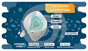 Asteroid structure cross section and asteroid types vector illustration diagram.