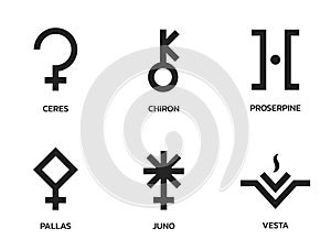 asteroid symbol set. astrology, astronomy and horoscope sign. isolated vector image