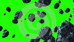 Asteroids fly slowly from left to right on a green background. Space animation can be used for video editing or as a