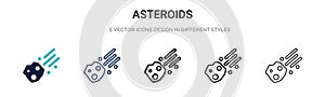 Asteroids icon in filled, thin line, outline and stroke style. Vector illustration of two colored and black asteroids vector icons