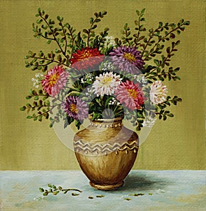 Asters in a clay amphora photo