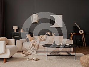 Asthetic composition of living room interior with mock up poster frame, modular sofa, black coffee table, white armchair, carpet,