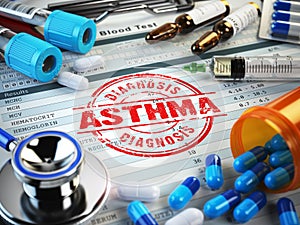 Asthma diagnosis. Stamp, stethoscope, syringe, blood test