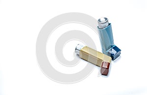 Asthma inhaler. Asthma controller, reliever equipment. Steroids and bronchodilator drug for asthma and chronic bronchitis.